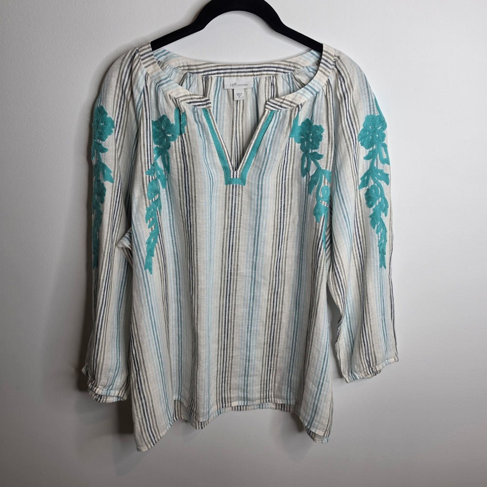 J. Jill Love Linen Blouse Womens Medium Striped Embroidered V-Neck